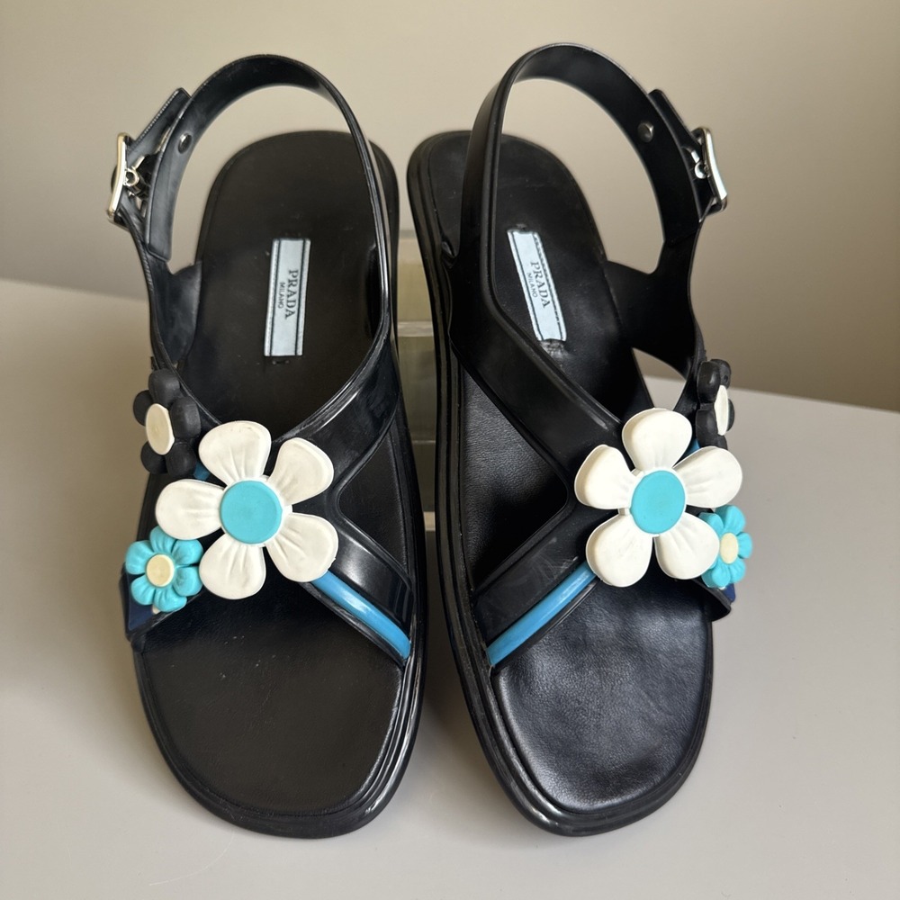 PRADA Floral Daisy appliquéd black Rubber sandals Blue White Womens 37.5